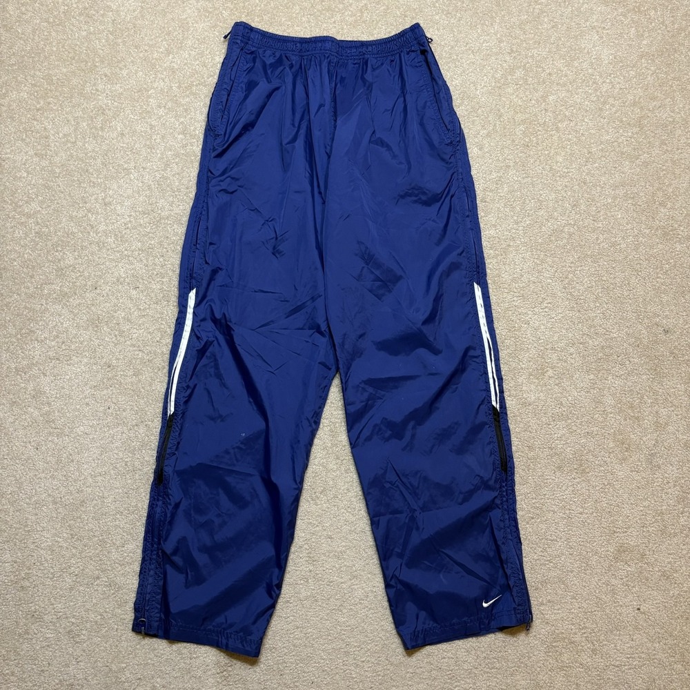 Vtg 90s Nike Track Pants Mens Medium Blue Woven Side Zip Stripe Pockets Baggy